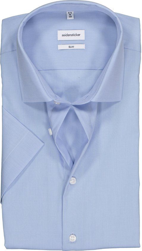 Seidensticker Slim Fit Overhemd - Korte Mouw - Lichtblauw - Maat 38
