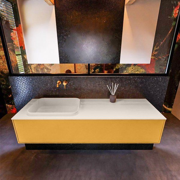 Mondiaz ERIN 150cm badmeubelset onderkast Ocher met 1 lade + Wastafel RIDGE links Linen