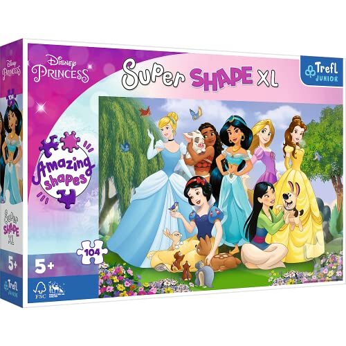 Trefl Junior - Disney Princess, Prinsessen in De Tuin - Puzzle 104 XL Super Shape - Gekke Vorm Puzzels, Grote Stukjes, Puzzel Met de Helden van Sprookjes, Disney-Prinsessen