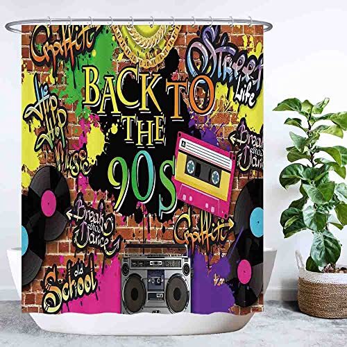 Ulticool Nineties Douchegordijn, 90 party, vintage, graffiti, cassettes, 180 x 200 cm, wasbaar, schimmelwerend, met 12 ringen, meerkleurig