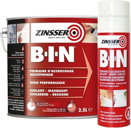Zinsser Bin Primer - 1 Liter - Hechtprimer & Isolator - Wit - Sneldrogend
