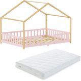 en.casa Kinderbed Treviolo met uitvalbeveiliging en matras 140x200 cm roze en naturel
