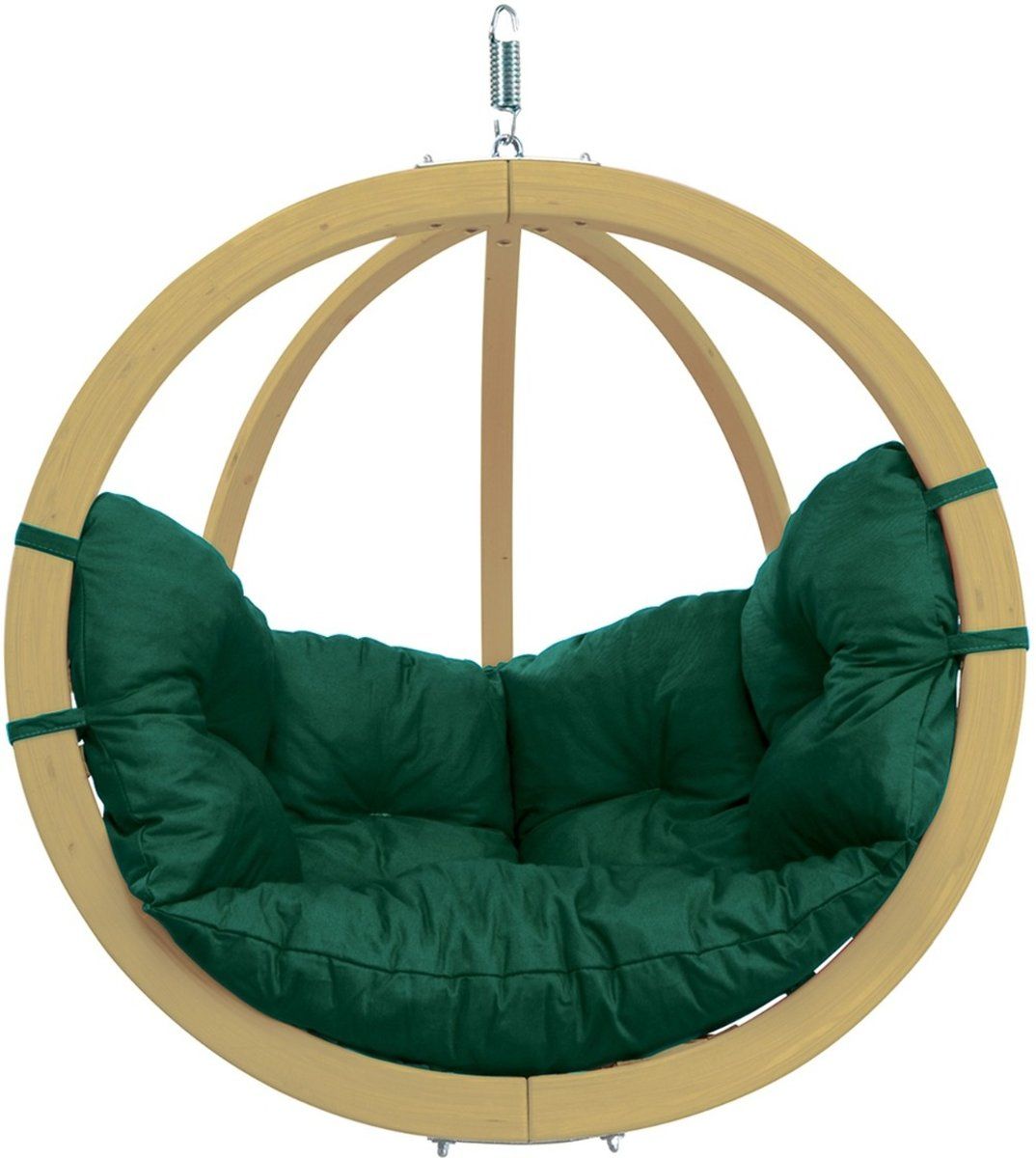 Amazonas Globo Chair Hangstoel - 1 Persoons - Hout - Weerbestendige Groene Kussens