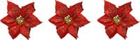 Merkloos 3x stuks decoratie bloemen kerststerren rood glitter op clip 20 cm