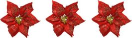 Merkloos 3x stuks decoratie bloemen kerststerren rood glitter op clip 20 cm
