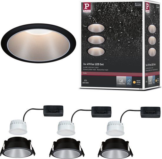 Paulmann Cole Set Inbouwspot - Zwart/Zilver - LED - 3-Traps Dimbaar - 2700K - Warmwit