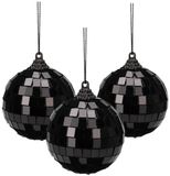Christmas Decorations Disco kerstbal - 3x - zwart - 6 cm - kunststof en glas - discobol - spiegel - discobal - kerstversiering