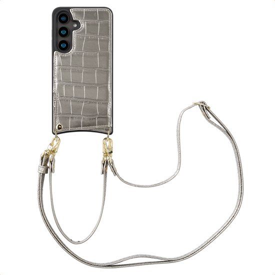 Selencia Hoesje - Geschikt voor Samsung Galaxy S24 - Croco Backcover met koord en pashouder - Zilver