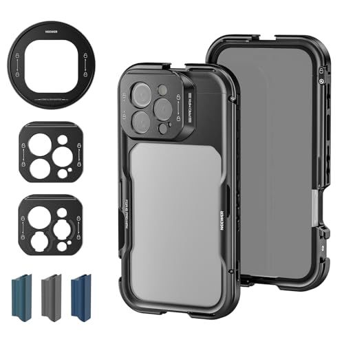 NEEWER 16 Pro Max Cage, Quick Release Video Rig telefoonstabilisator compatibel met iPhone 16 Pro Max met adapters van 67 mm filter, 17 mm lens en T-mount lens, volledige toegang tot camerabediening