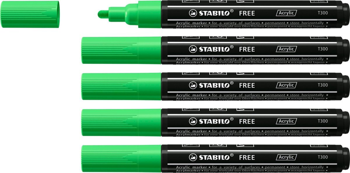 Stabilo FREE - Acryl Marker - T300 - Ronde Punt - 2-3 mm - Blad Groen - Doos 5 stuks