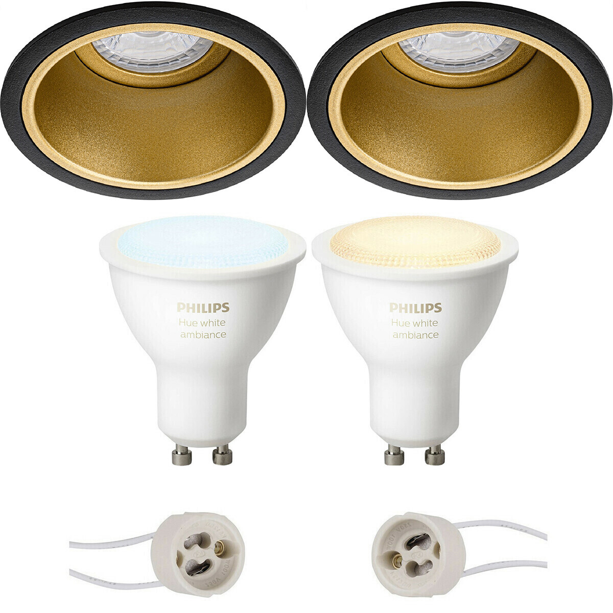 BES LED Pragmi Minko Pro - Inbouw Rond - Mat Zwart/Goud - Verdiept - Ø90mm - Philips Hue - LED Spot Set GU10 - White Ambiance - Bluetooth