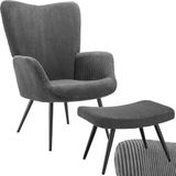 Tectake Oorfauteuil met Hocker – Scandinavische Teddy Bouclé Fauteuil – Lounge- en Woonkamerstoel – Zwart Metalen Poten – Draagvermogen 150kg – Corduroy - Grijs