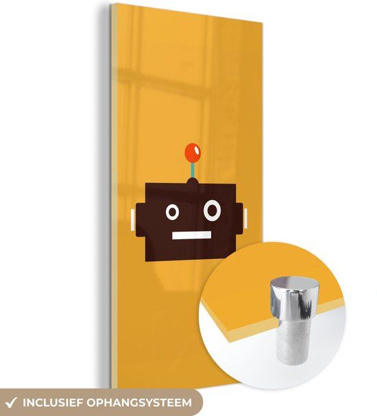 MuchoWow® Glass Painting 40x80 cm - Acrylic Glass Painting - Robot - Face - Antenna - Yellow - Boys - Child - Photo on Glass - Paintings
