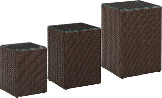 vidaXL 3-delige Bijzettafelset met glazen blad poly rattan bruin