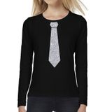 Bellatio Decorations Zwart long sleeve t-shirt zwart met zilveren glitter stropdas bedrukking dames M