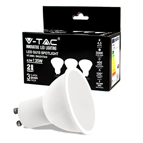 V-tac LED-lampen GU10, 4,5 W (komt overeen met 35 W), 400 lumen, 3000 K, warmwit, 100 graden, gesatineerde afdekking, maximale efficiëntie en laag verbruik, 3 stuks, VT-2095