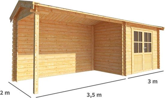 Merkloos Blokhut met overkapping Fenna 650 cm bij 200 cm diep Zadeldak bruin