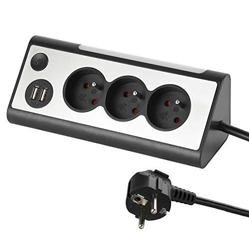 Electraline 35430, hoekstekkerdoos, 3 stopcontacten, 2 USB-poorten, aan/uit-schakelaar voor het uit/inschakelen van de LED, kabel 1,5 m, grijs/zwart