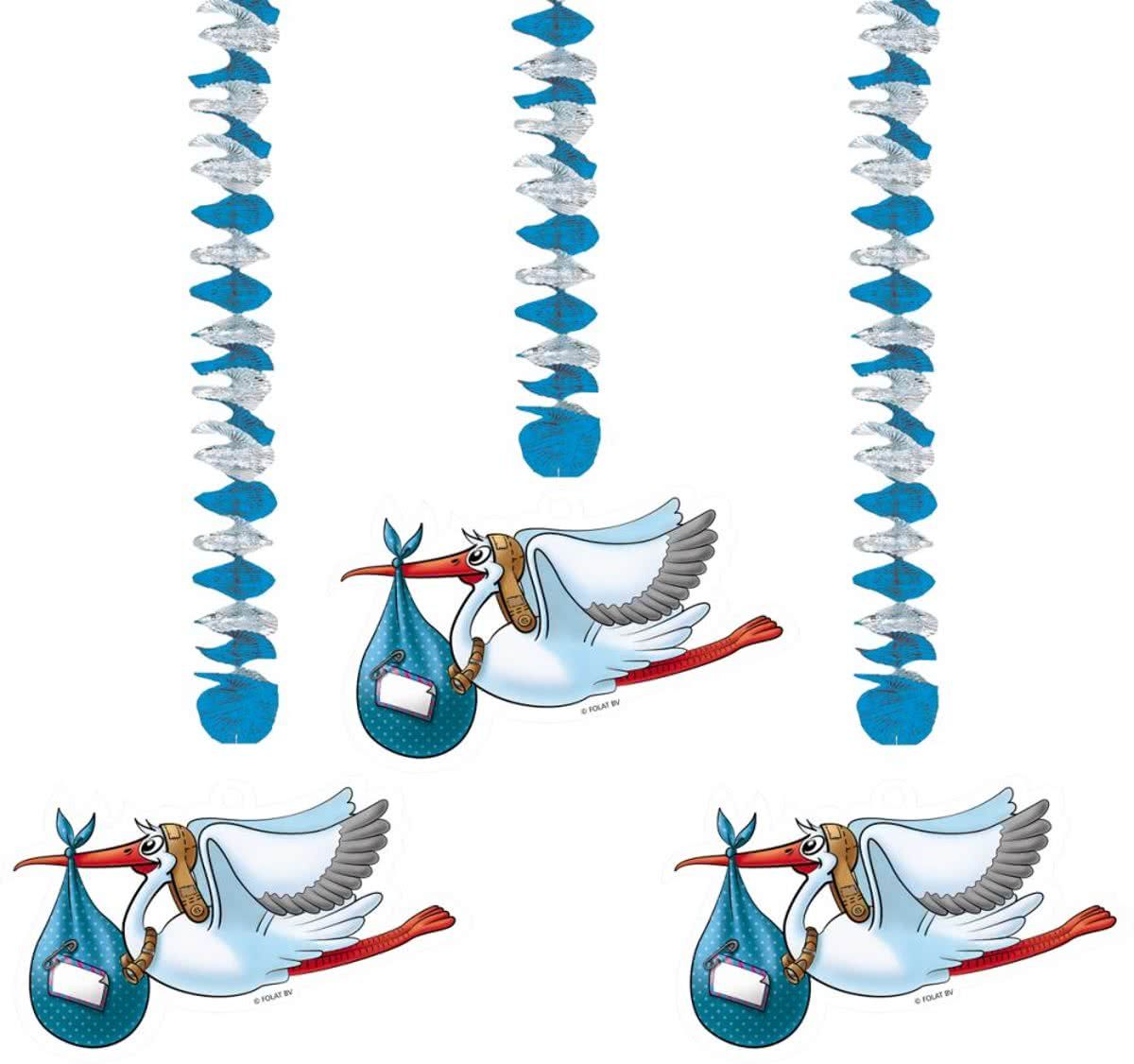 Folat Geboorte Jongen Hangdecoratie Ooievaar - 3 stuks