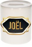 Bellatio Decorations Shoppartners Bv Spaarpot met voornaam Joel - wit - met goud/zwart embleem - 8 x 9 cm - keramiek - met afsluitdop - cadeau verjaardag