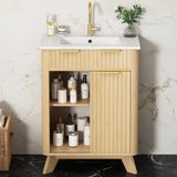 Ropilly Badmeubel 61 cm breed met wastafel, vrijstaand wastafelmeubel met natuurlijke houtlook, schuifdeur, 3 lades, MDF en keramiek