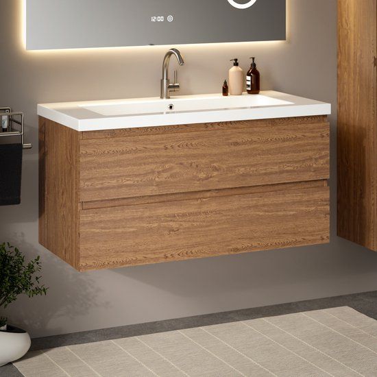 Mirlux Badkamermeubel Warm Eiken 100 cm - Wastafel Wit