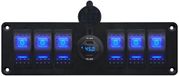 ProRide Schakelpaneel 12V voor Auto/Boot - USB C Autolader 2 Poorten met Schakelaar/Wattagemeter - 45W/QC3.0 - 6 schakelaars - Blauw