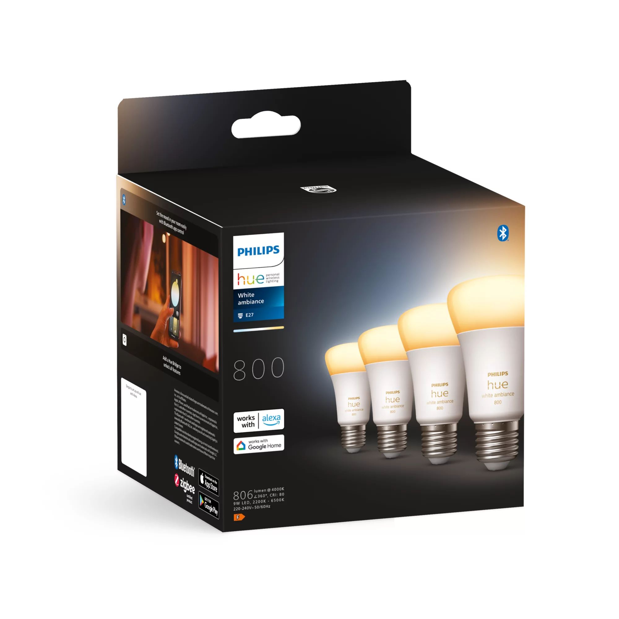 Philips Hue White Ambiance E27 Smart Bulb 4-Pack - 800 Lumens