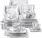 MALACASA Service de table, 30 pièces, porcelaine aspect marbre. Service combiné avec tasses à café, soucoupes, assiettes à dessert, assiettes à soupe et assiettes plates