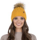 Vivisence Dames Wintermuts - Zacht Gebreid Materiaal met Modieuze Steek en Pompon Van Imitatiebont - Warme Fleece Voering voor Comfort Pasvorm en Minder Statisch Haar tijdens Koude Winterdagen - Honingkleurig