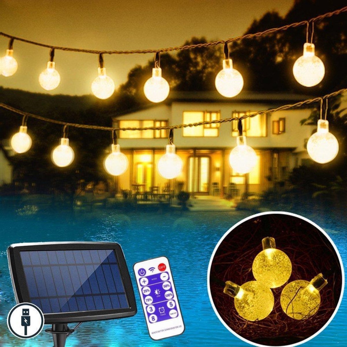 JPro FULL OPTION Tuinverlichting op Zonne-Energie - Cristal Lichtsnoer - Buiten Lichtslinger - 60 Solar LED 9+2m - ø2,5cm