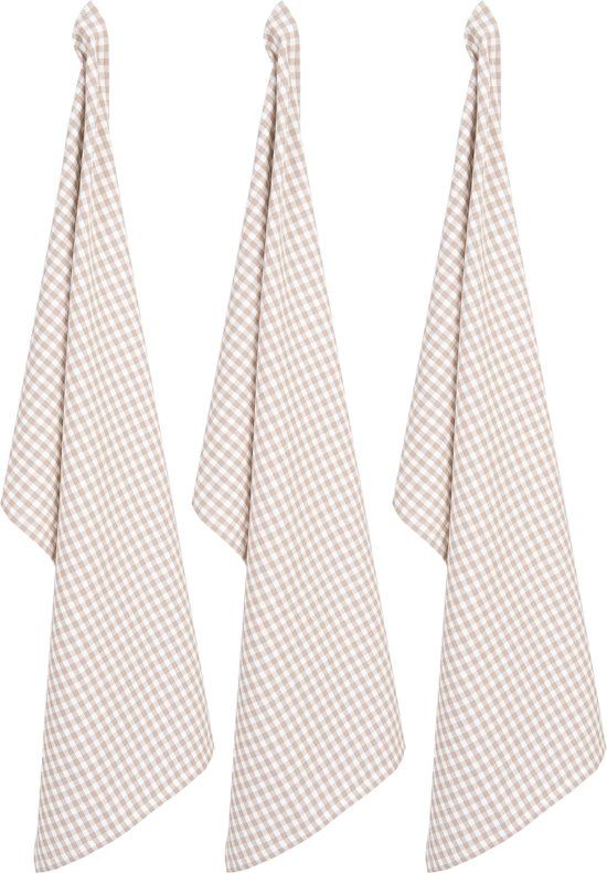 Clayre & Eef - Theedoek Keukendoek geblokt - 50 x 85 cm - Beige - 3 Stuks