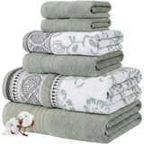 Modern Threads Ophelia 6-delige set, 2 badhanddoeken, 2 handdoeken, 2 washandjes, garen geverfd jacquard/solide, saliegroen
