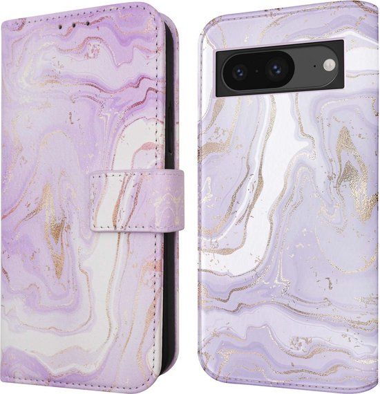 iMoshion Hoesje Google Pixel 8a - Book Case - Paars / Purple Marble - Met Pasjeshouder
