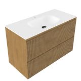 Saniclass Badkamermeubelset - 100x45x61.5cm - Flow solid surface wastafel wit - 1 wasbak - 1 kraangat - 2 lades - mat eiken natural (hout) SW1420804/SW1174115
