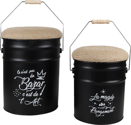 Urban Living Poef met jute zitting en houten handvat - Set van 2 - Zwart