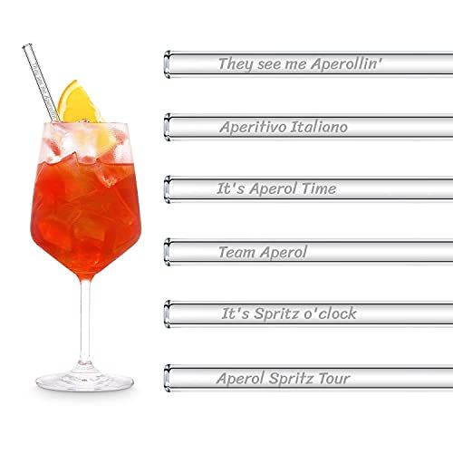 HÅLM Halm glazen rietjes Aperol Spritz cadeauset | 6 stuks recht 20 cm | 6 grappige spreuken | herbruikbaar