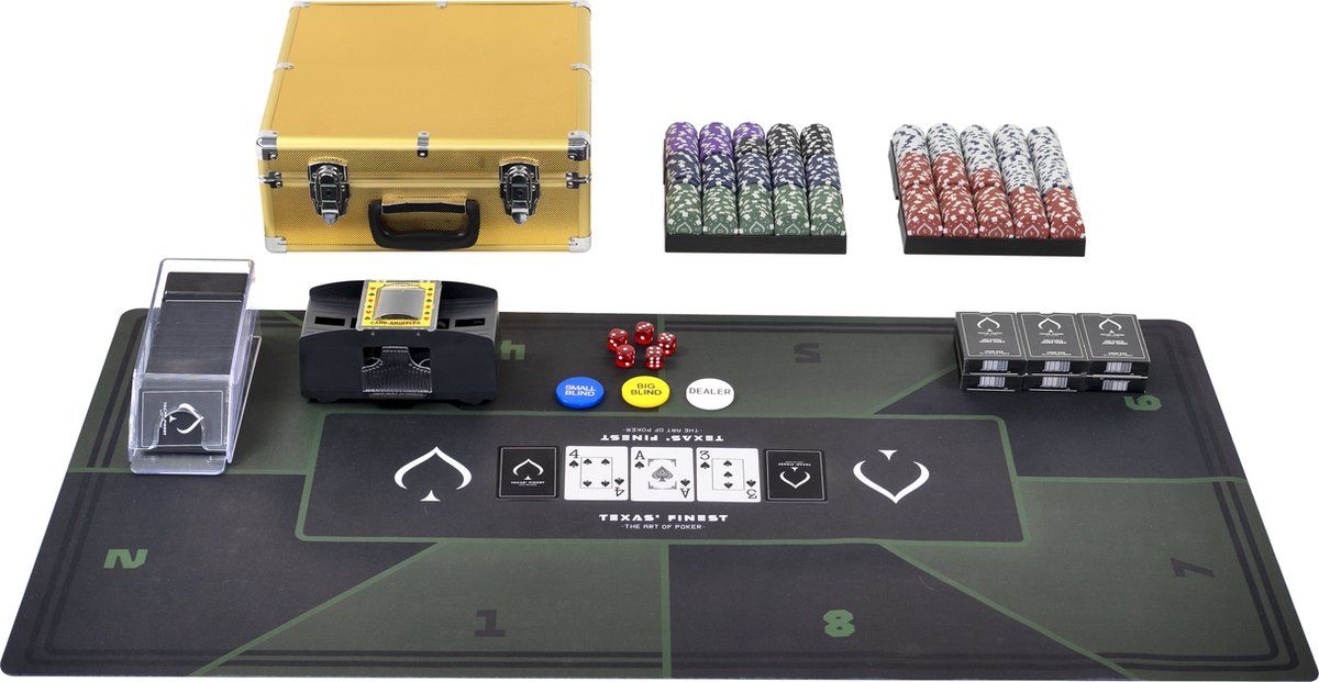 Texas' Finest Golden Pokerset 600 Chips - Kaartschudmachine & Pokermat - Pokerkoffer met Kaarten - Pokerkleed - Poker