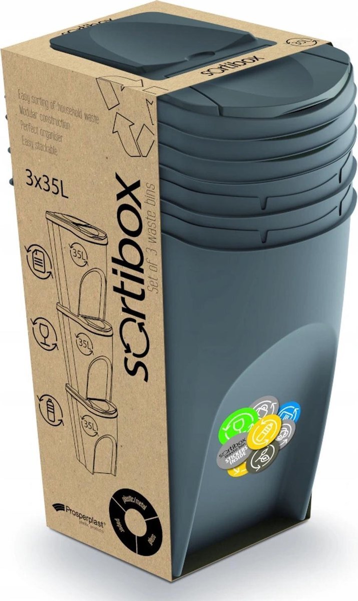 Prosperplast Sortibox afvalbakken set 3x35L - Grijs