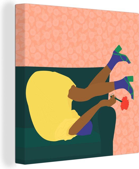 OneMillionCanvasses Canvas Schilderij Vrouw - Bloemen - Retro - 20x20 cm - Wanddecoratie