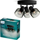 Philips LED Philips Sleet Spot - Plafondspot met drie lichtpunten - Zwart - Met gerookt glas - Kleine fitting E14 - Ronde basisplaat