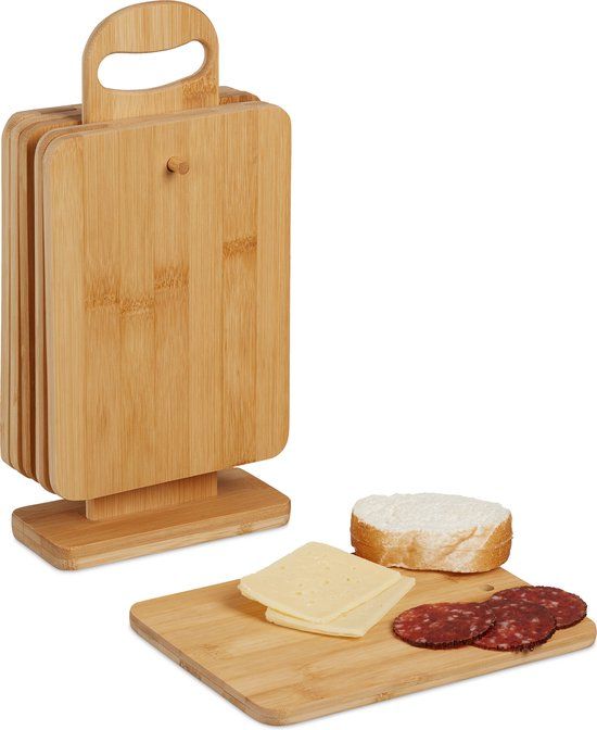 Merkloos Relaxdays ontbijtplankjes met houder - set van 6 - bamboe - klein - 22 x 16 cm - broodplankjes