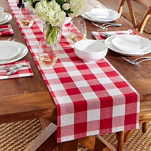 Elrene Elrene Home Fashions Boerderij Living Buffalo Check Tafelloper, 13" x 70", Rood/Wit