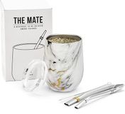BALIBETOV Moderne Yerba Mate Kalebas Set (Mate Cup) - Dubbelwandig 18/8 roestvrij staal - Inclusief twee bombilla's en een schoonmaakborstel (Marmer, 235 ml)
