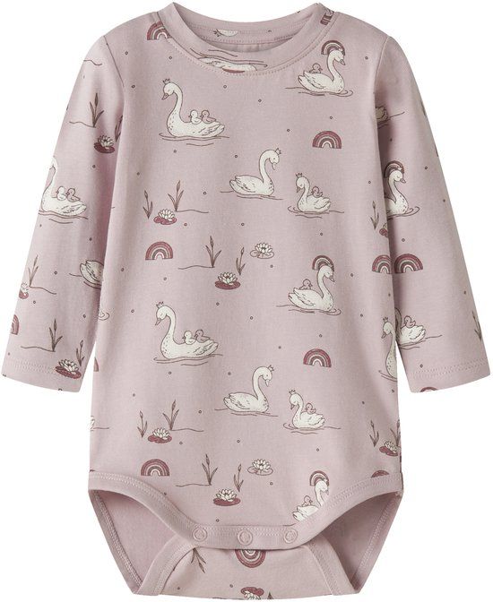 GUPPY BABY NAME IT GBFLINNEA LS BODY Baby Bodies Lange mouw Katoen Elastaan Ronde hals Dierenprint Burnished Lilac Maat 62