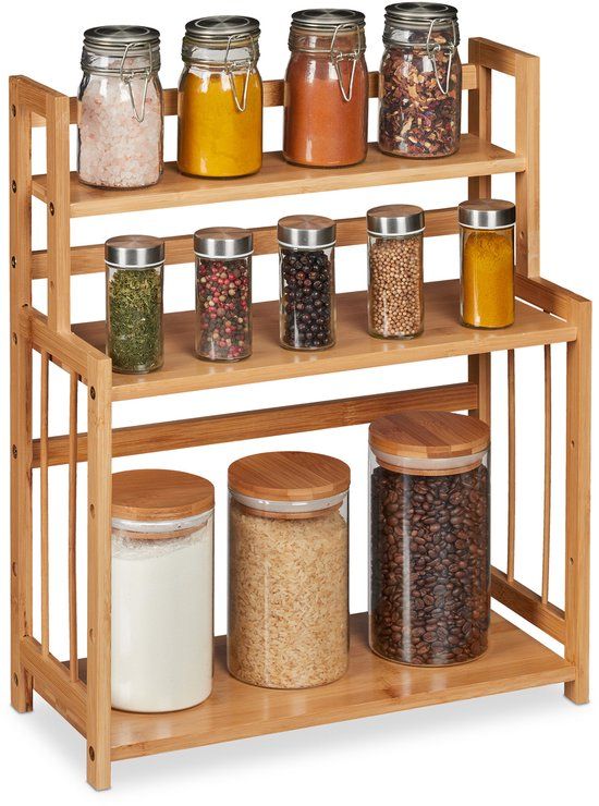 Merkloos Relaxdays Kruidenrek bamboe, verstelbaar, keuken organizer voor kruiden, groot, 3 etages, HBD 50x41,5x18 cm, natuur