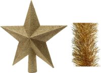 Decoris Kerstversiering kunststof glitter ster piek 19 cm en folieslingers pakket goud van 3x stuks - Kerstboomversiering