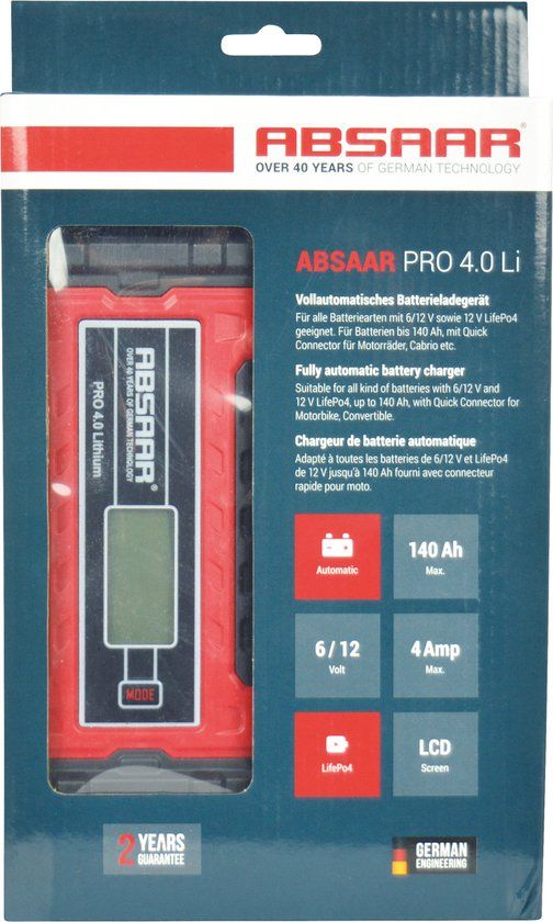 Absaar pro4 lithium acculader 6V / 4A - Auto - AGM/Gel/Loodzuur - 1 jaar garantie