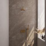 Brauer Gold Carving Thermostatische Regendoucheset Inbouw - Hoofddouche 20 cm - Gebogen Wandarm - Met Drukknoppen - Handdouche Staaf - Doucheslang - Wandaansluitbocht - Geborsteld Goud