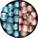 Merkloos / Sans marque Decoris kleine kerstballen - 28x st - lichtroze en ijsblauw - 3 cm - kunststof